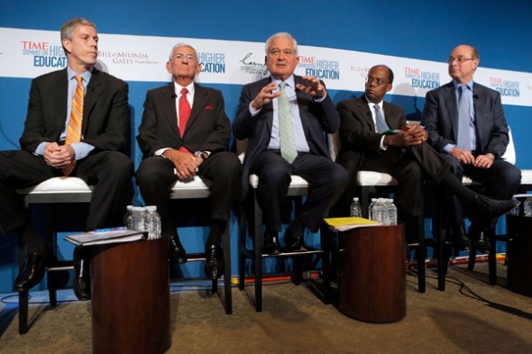 Arne Duncan, Eli Broad, Louis V. Gerstner Jr., Roger W. Ferguson Jr., and Northeastern President Joseph E. Aoun.