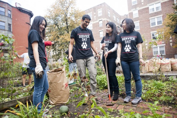 Northeastern students Wen Yao, Theja Putta, Jinling Xie and Susie Song clean a common area of the Symphony Road Community Garden.