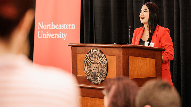 Cynthia Thin, Class of 2023, speaks at the 2022 CPS Scholarship Reception. Photo by Aram Boghosian
